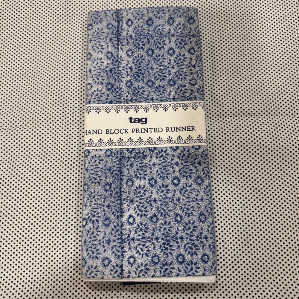 Tag Hand Block Printed Table Runner Blue White Floral 100% Cotton 14.5x72 Jaipur